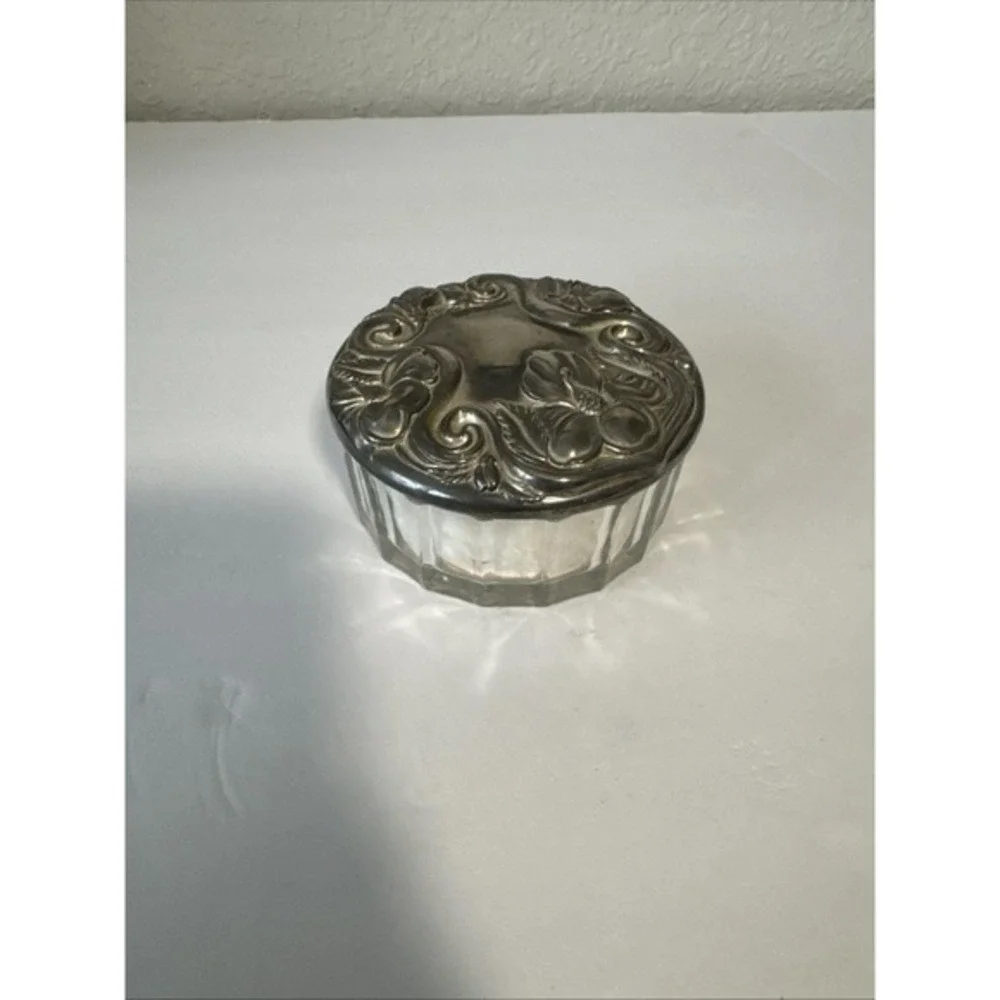Antique Crystal Glass Powder Dish Art Nouveau Pewter Cover W/Mirror &‎ Brush